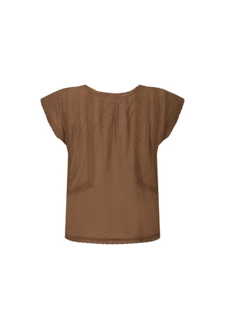 a-brown-short-sleeve-top-with-a-gathered-pleated-front-and-patch-pockets-shown-flat-against-a-white-background